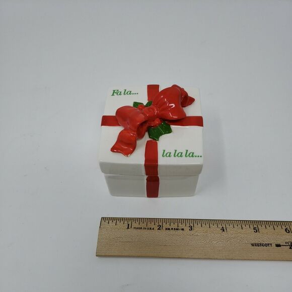 Fitz and Floyd Christmas Trinket Gift Box Bow Fa La La La La Red Green Vintage - Picture 8 of 9